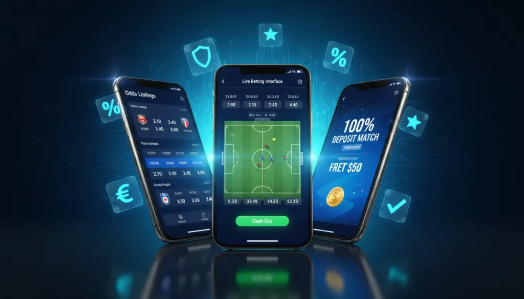 Three smartphones displaying different sports betting apps with odds, features comparison including security shield, star ratings and bonus percentages