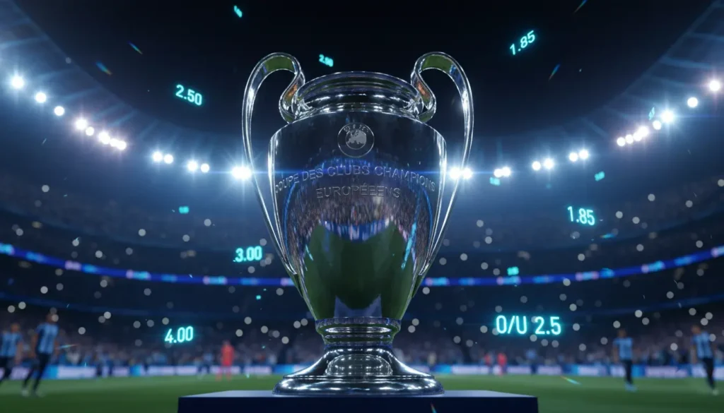 UEFA Champions League trophy with stadium lights and betting odds overlay