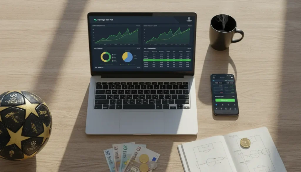 Professional betting workspace with laptop showing football statistics, smartphone with betting app, tactical notes and UEFA Champions League ball