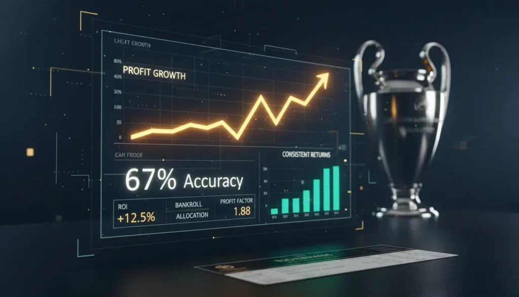Successful Champions League betting results with rising profit charts, 67% accuracy and long-term profitability