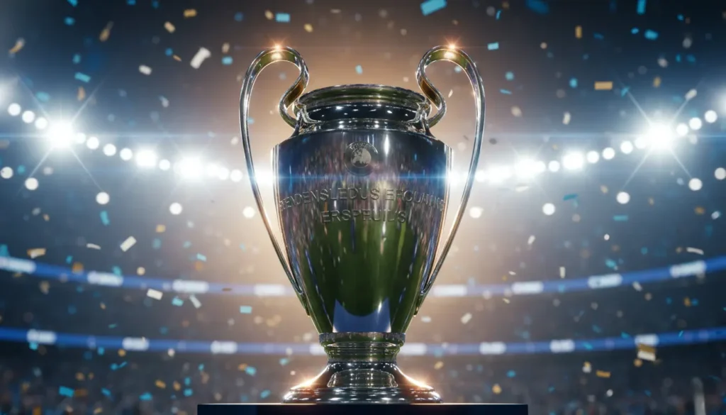 The Champions League trophy under the stadium floodlights with dramatic lighting