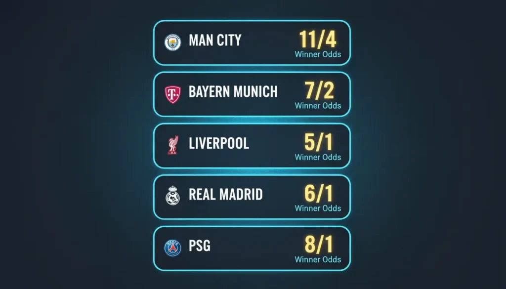 Infographic comparing the odds for the Champions League winner with the leading clubs