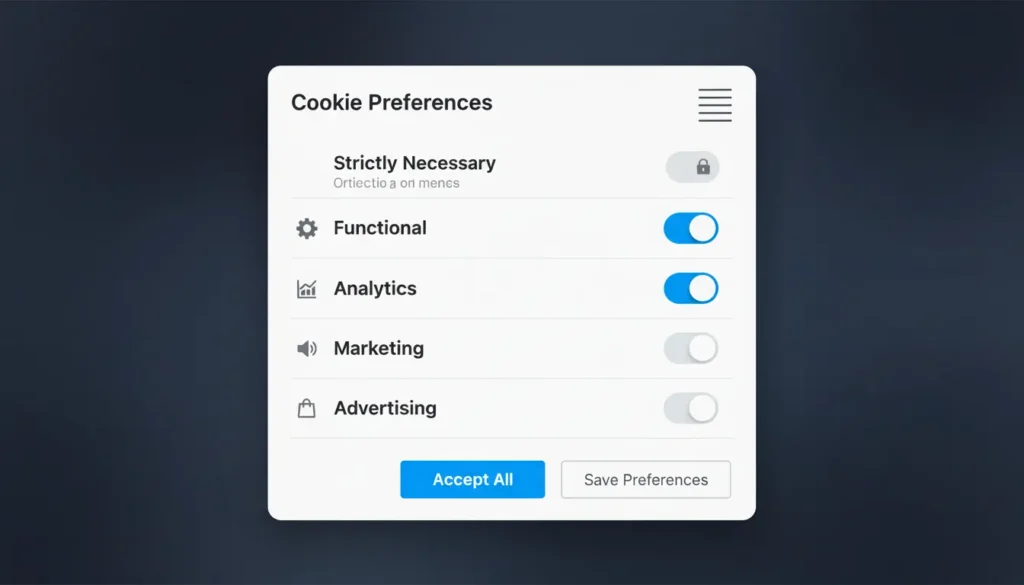 Screenshot showing cookie preference center with toggles for different cookie categories