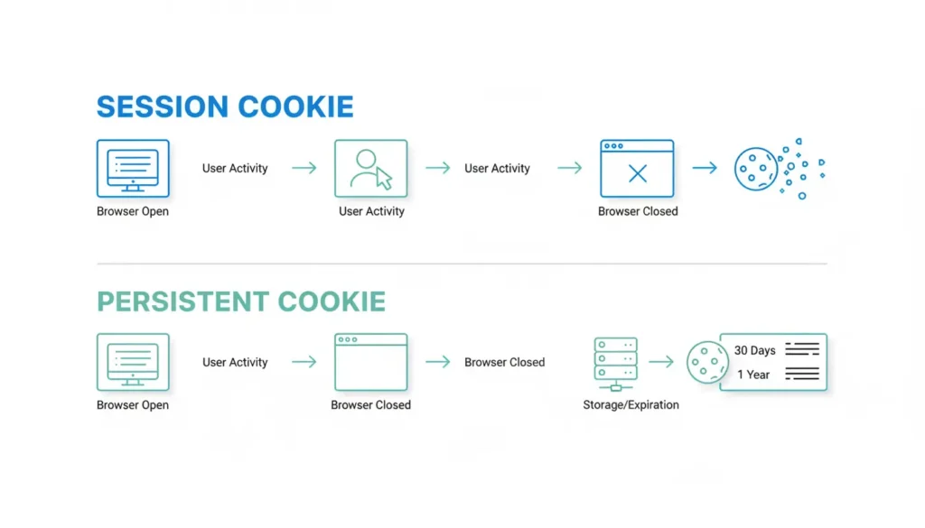 Visual diagram showing the difference between session and persistent cookies with icons and timeline