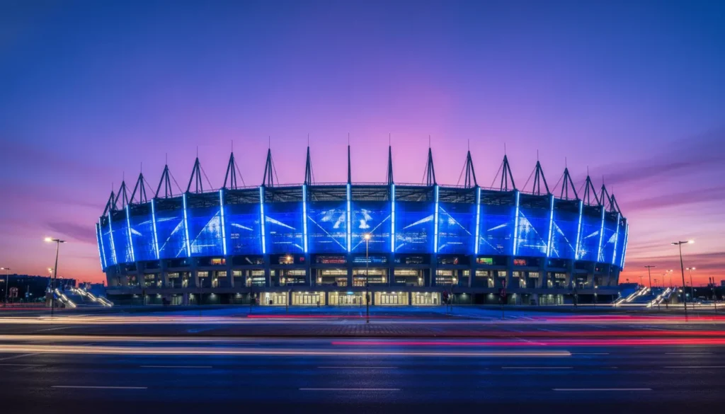 Budapest's Puskas Arena at dusk with the Champions League lights ahead of the 2026 final.
