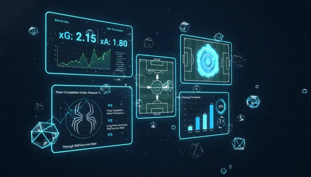 Advanced visualization of statistical models with xG, progressive possession, and pressing efficiency metrics for Champions League predictions
