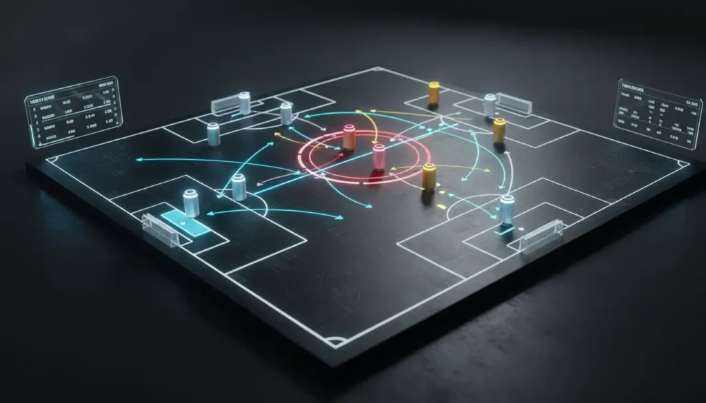 A professional tactics board with analysis of 4-3-3 vs 3-5-2 formations, pressing zones and transition moments in the Champions League