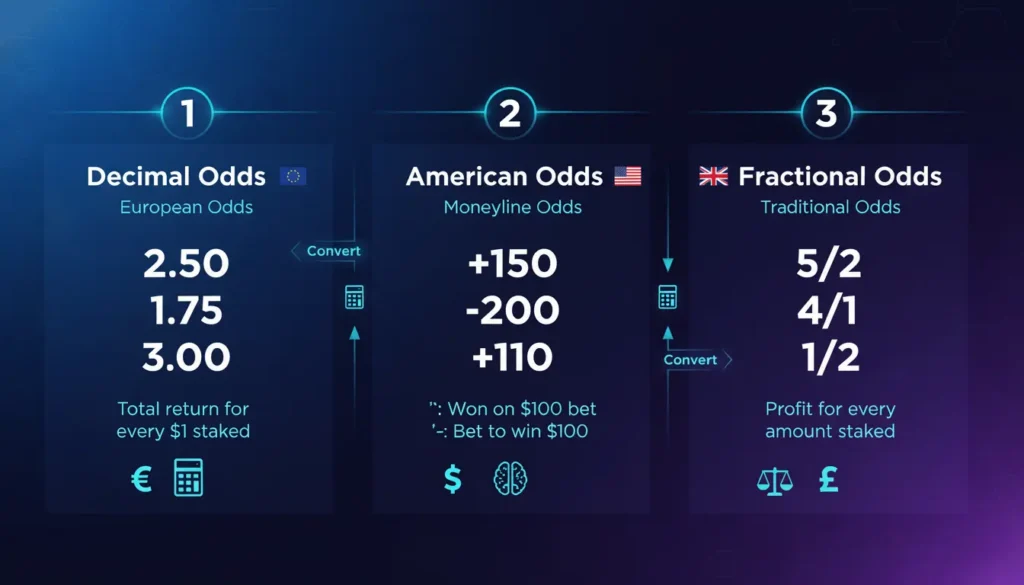 Infographic showing decimal, American, and fractional betting odds formats comparison