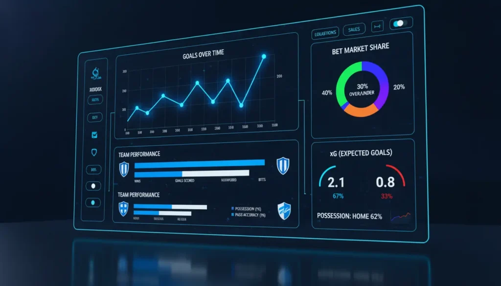 Advanced analytics dashboard showing Champions League statistics including expected goals, team performance metrics, and data visualizations