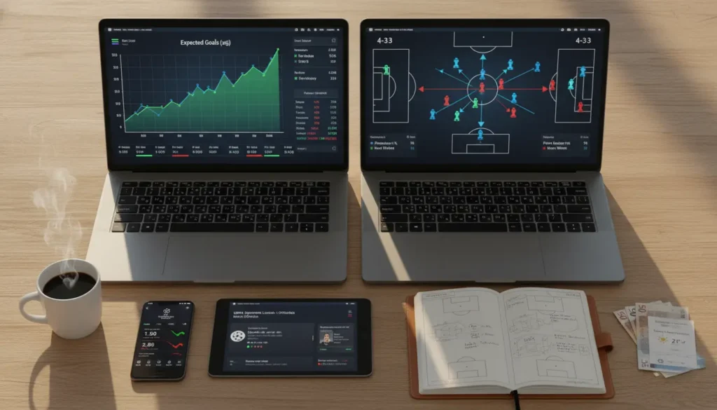 A professional analyst workspace with tactical diagrams and statistical graphs for analyzing Champions League matches