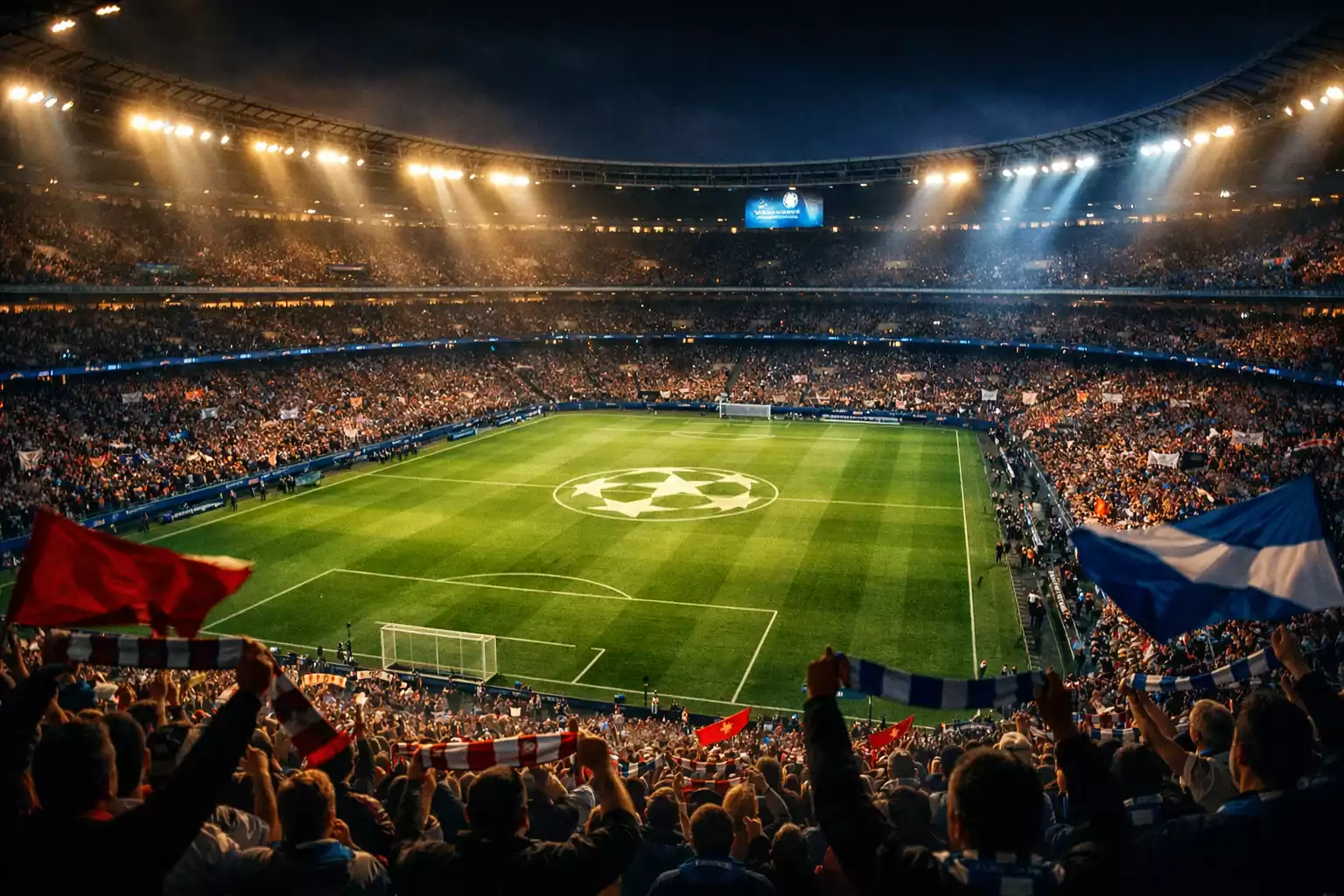 Champions League stadium filled with fans under dramatic floodlights during a European night match