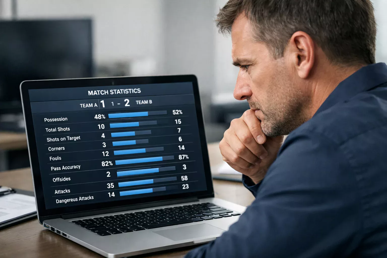 Football analyst studying match statistics on a laptop screen showing team performance data