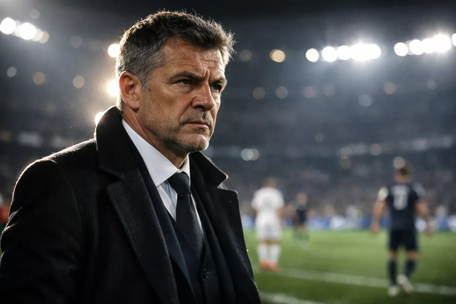 Close-up of a football manager on the sideline making tactical decisions during a Champions League match