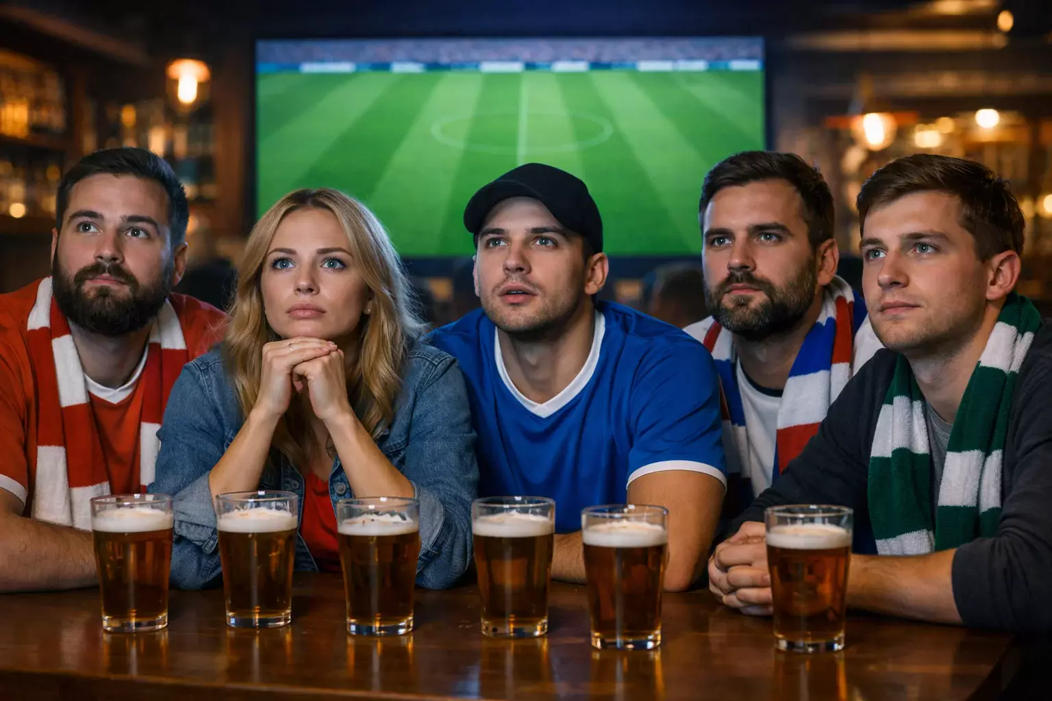 Fans watching a Champions League match on a large television screen in a sports bar atmosphere