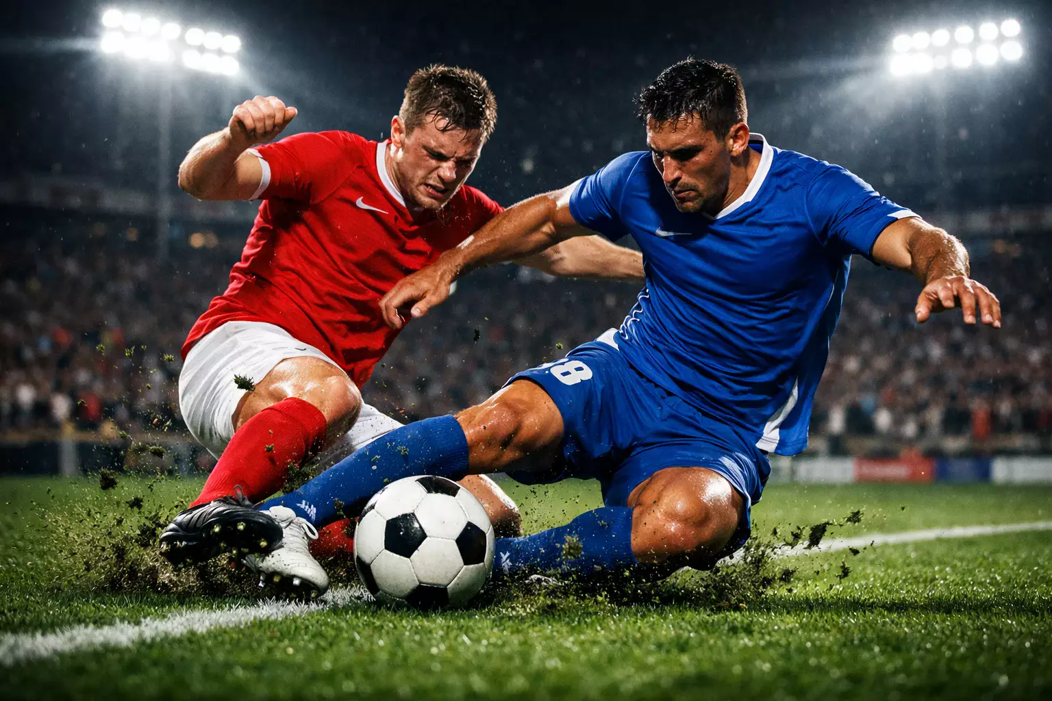 Football players in action during a night match, intense competitive moment on the pitch