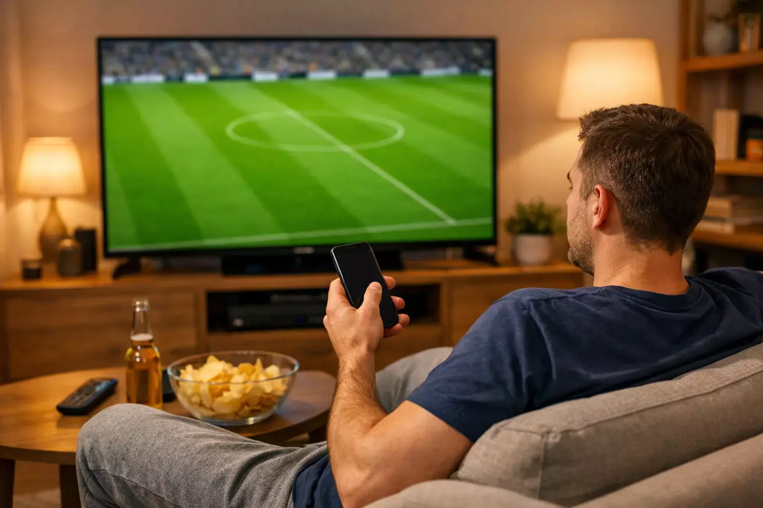 Person watching football on television at home, smartphone in hand, engaged viewing experience