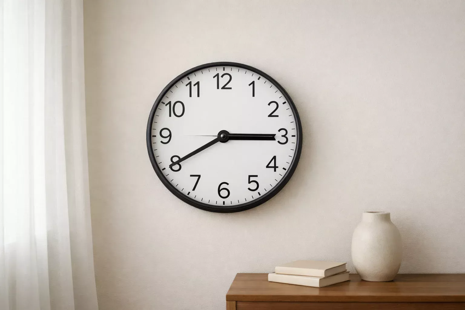 Clock on a wall in a calm room, representing patience and timing in decision making