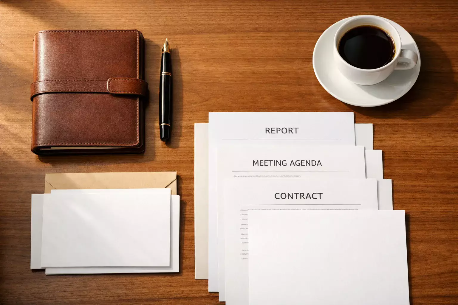 Organized desk with notebook, pen and coffee cup representing disciplined planning and management