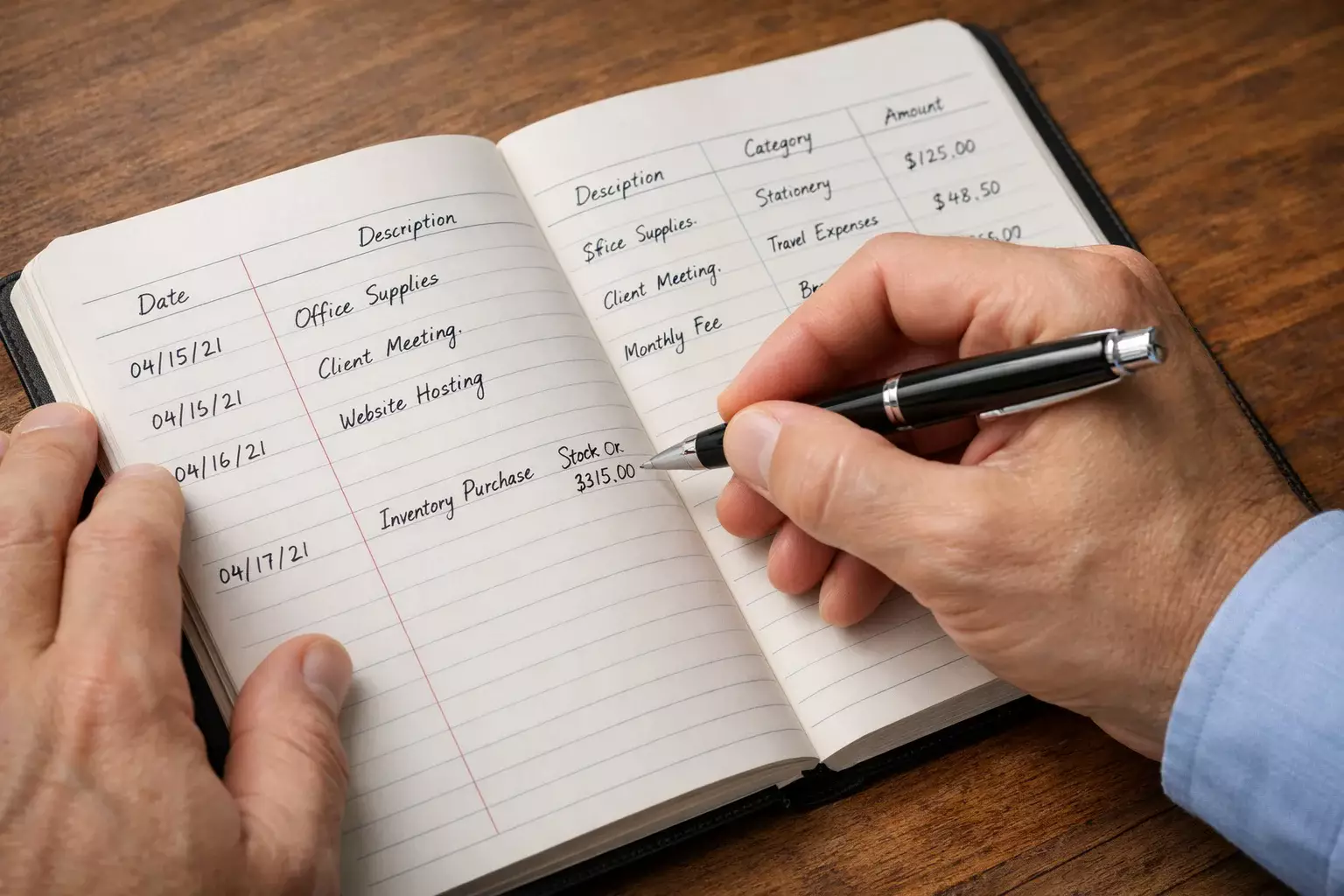 Person writing in a ledger or notebook, recording information methodically