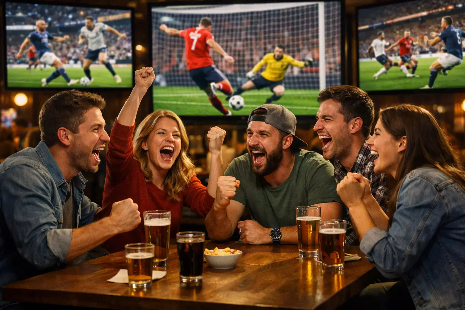 Group of friends watching multiple football matches on screens in an exciting sports viewing environment