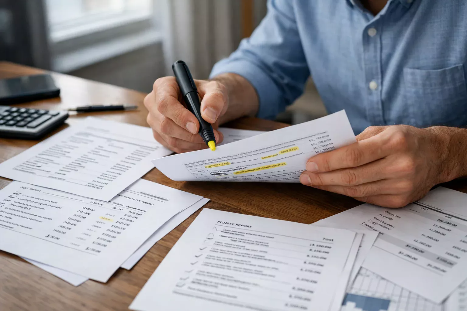 Person studying documents with notes and highlighting, focused analytical work