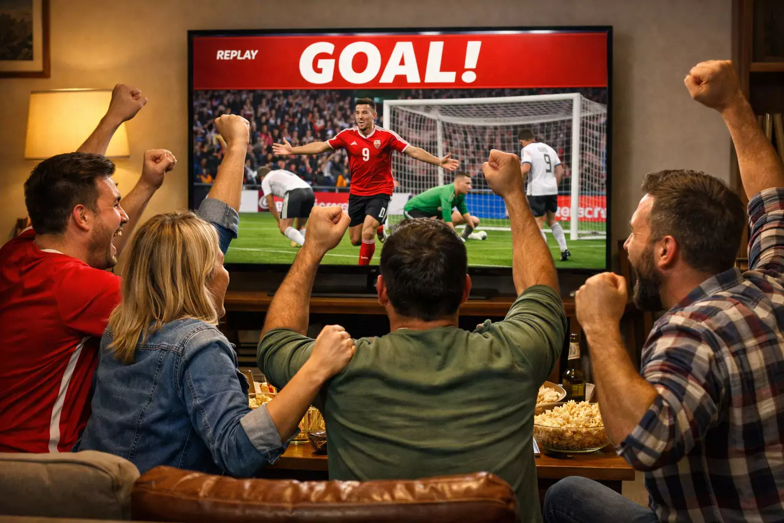 Football fans celebrating while watching a match together, genuine excitement and engagement