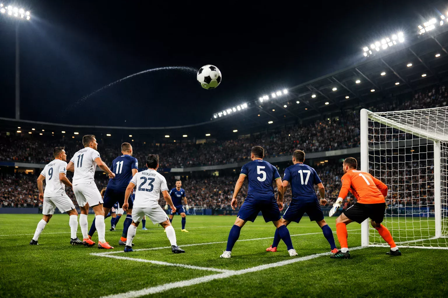 Wide shot of a corner kick being delivered into the penalty area during a night match, players positioning for the ball