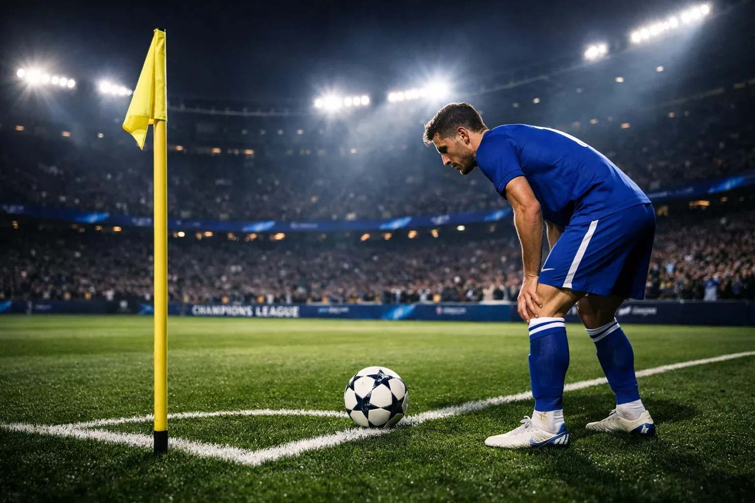 Football player preparing to take a corner kick, positioned by the corner flag under stadium lights
