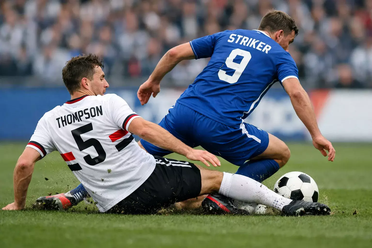 Football tackle between two players, one sliding in to challenge for the ball, competitive physical play