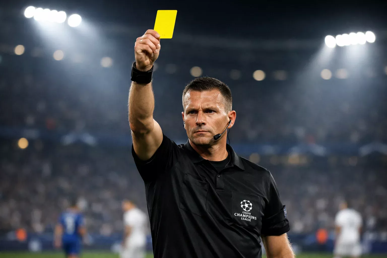 Football referee holding up a yellow card during a match, authoritative gesture under stadium lights