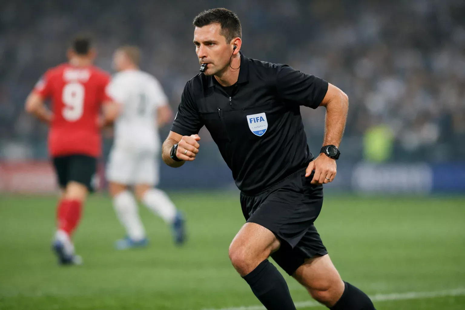 Football referee in black kit running alongside play, officiating a match with authority