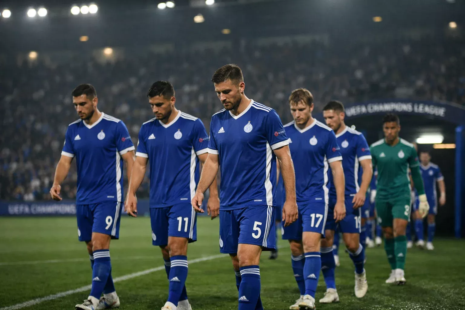 Football players walking off the pitch at half-time, heading toward the tunnel under stadium lights