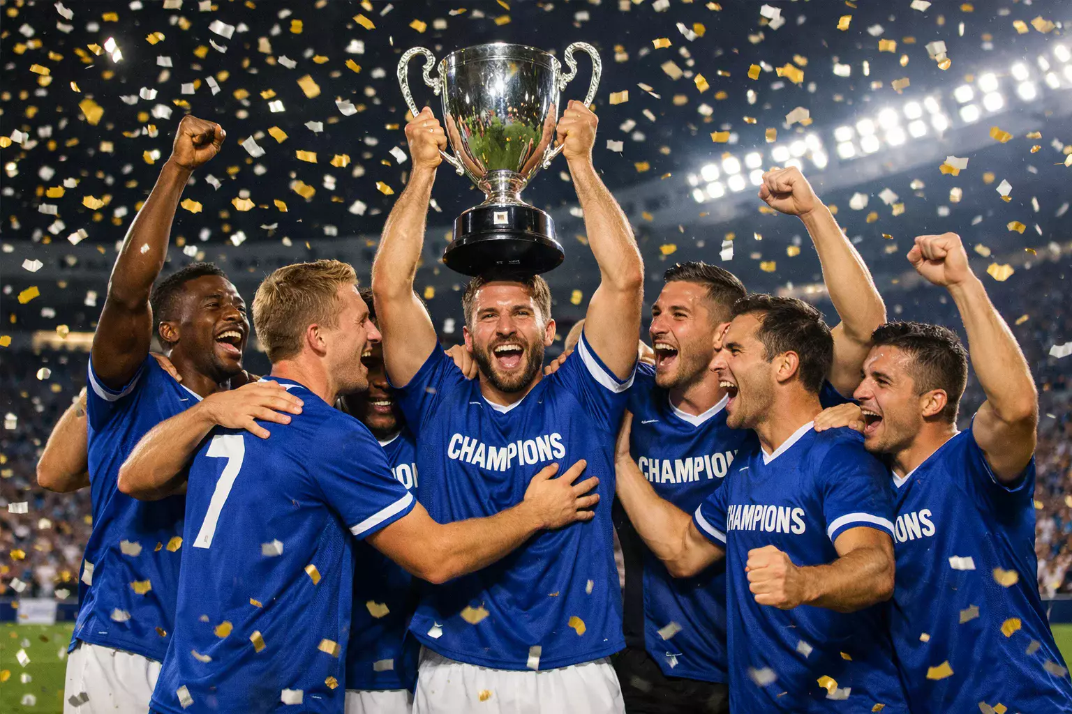 Football team celebrating together after winning a trophy, players embracing on the pitch