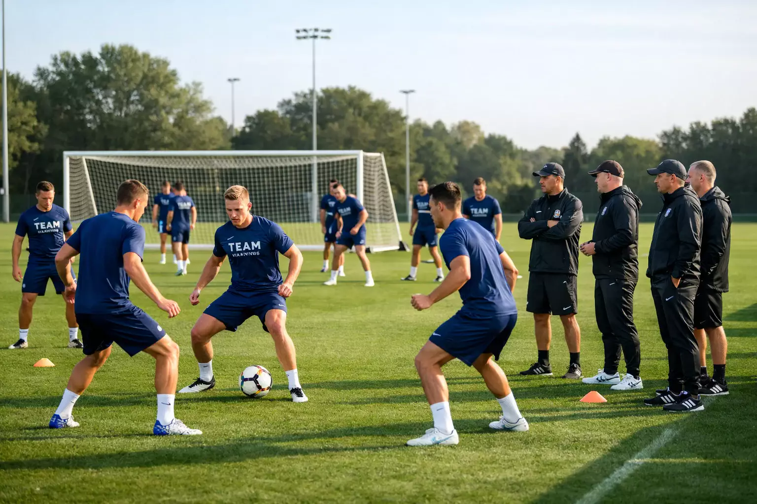 Football squad training on a practice pitch during pre-season preparation