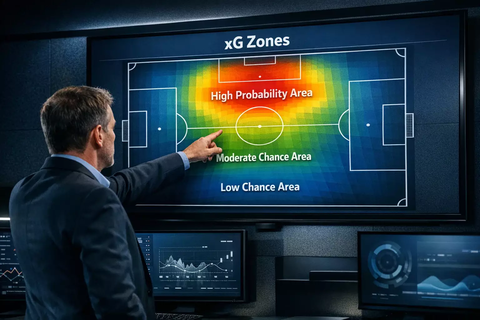 Football analyst viewing match data on a large screen display showing pitch graphics and statistics