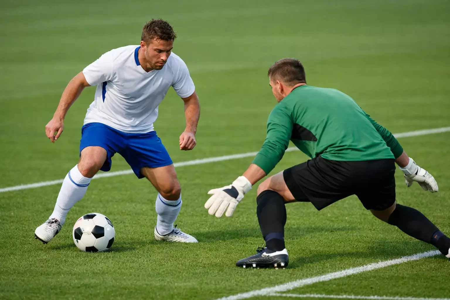 Football player in a one-on-one situation with the goalkeeper, clear goal-scoring opportunity