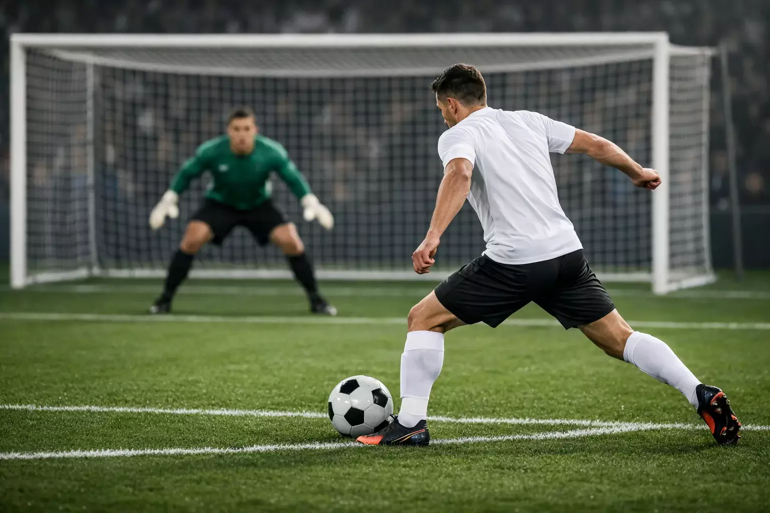 Football striker taking a shot on goal from inside the penalty area during a match