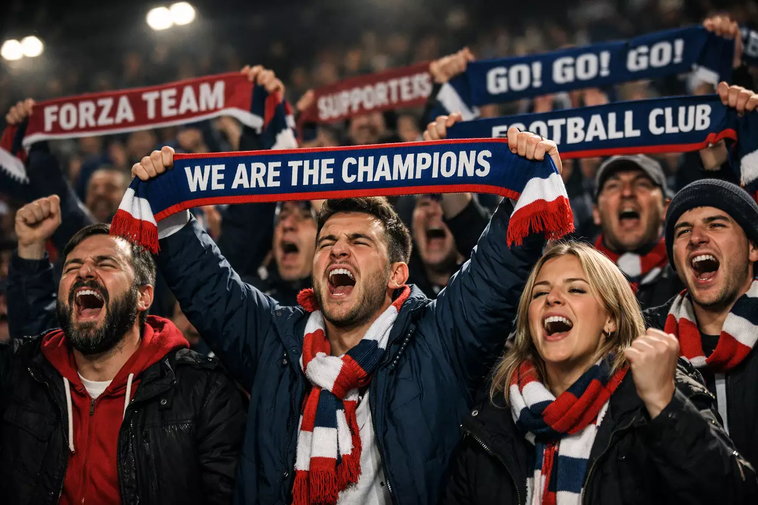 Close-up of football fans in the stands showing intense passion, singing and cheering during a European night