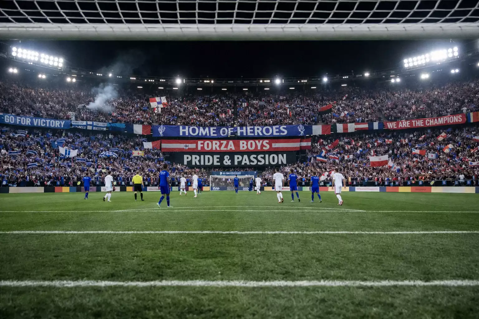 Packed football stadium with passionate fans waving flags and scarves creating an intense atmosphere