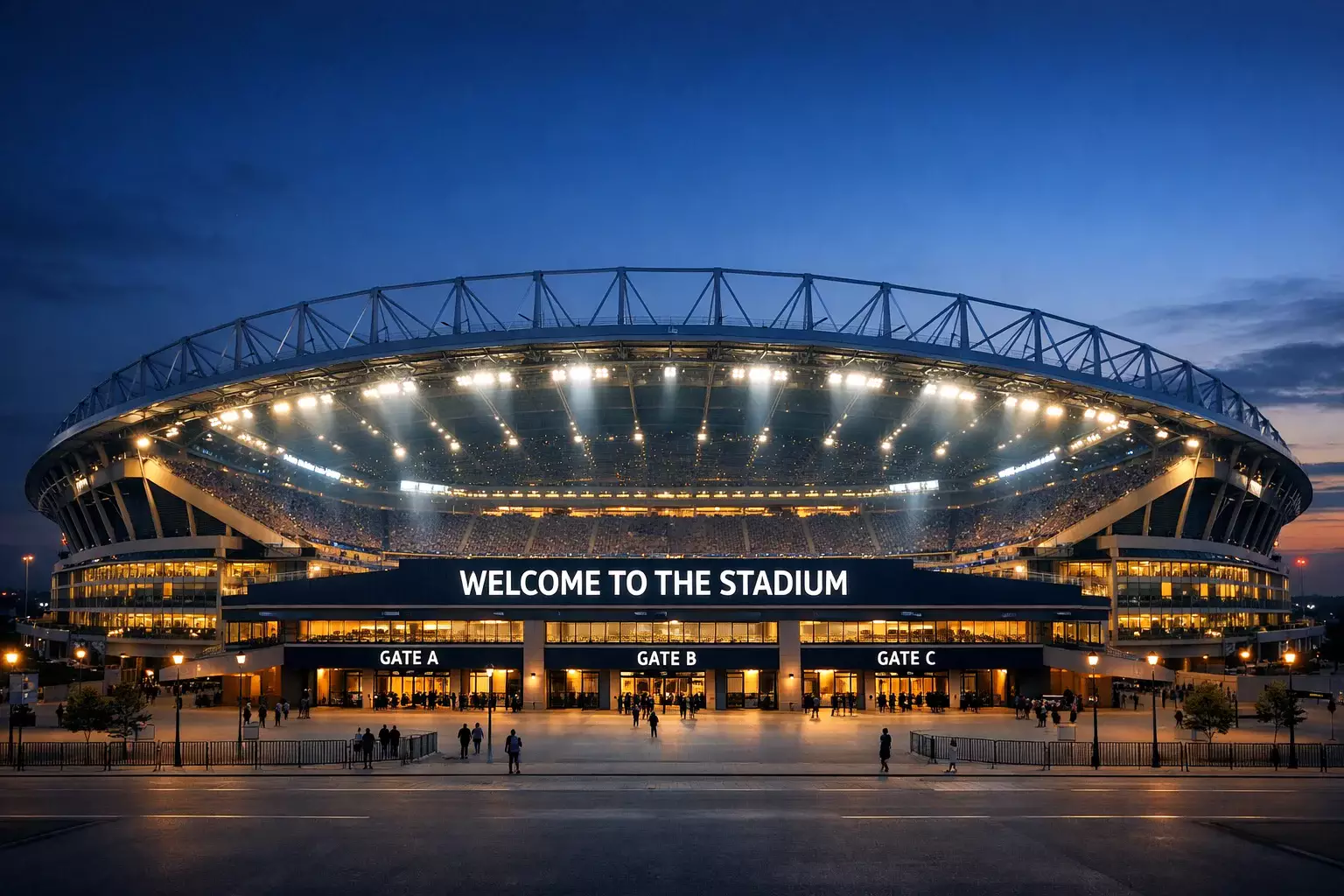 Wide exterior view of a famous European football stadium at dusk with lights beginning to illuminate