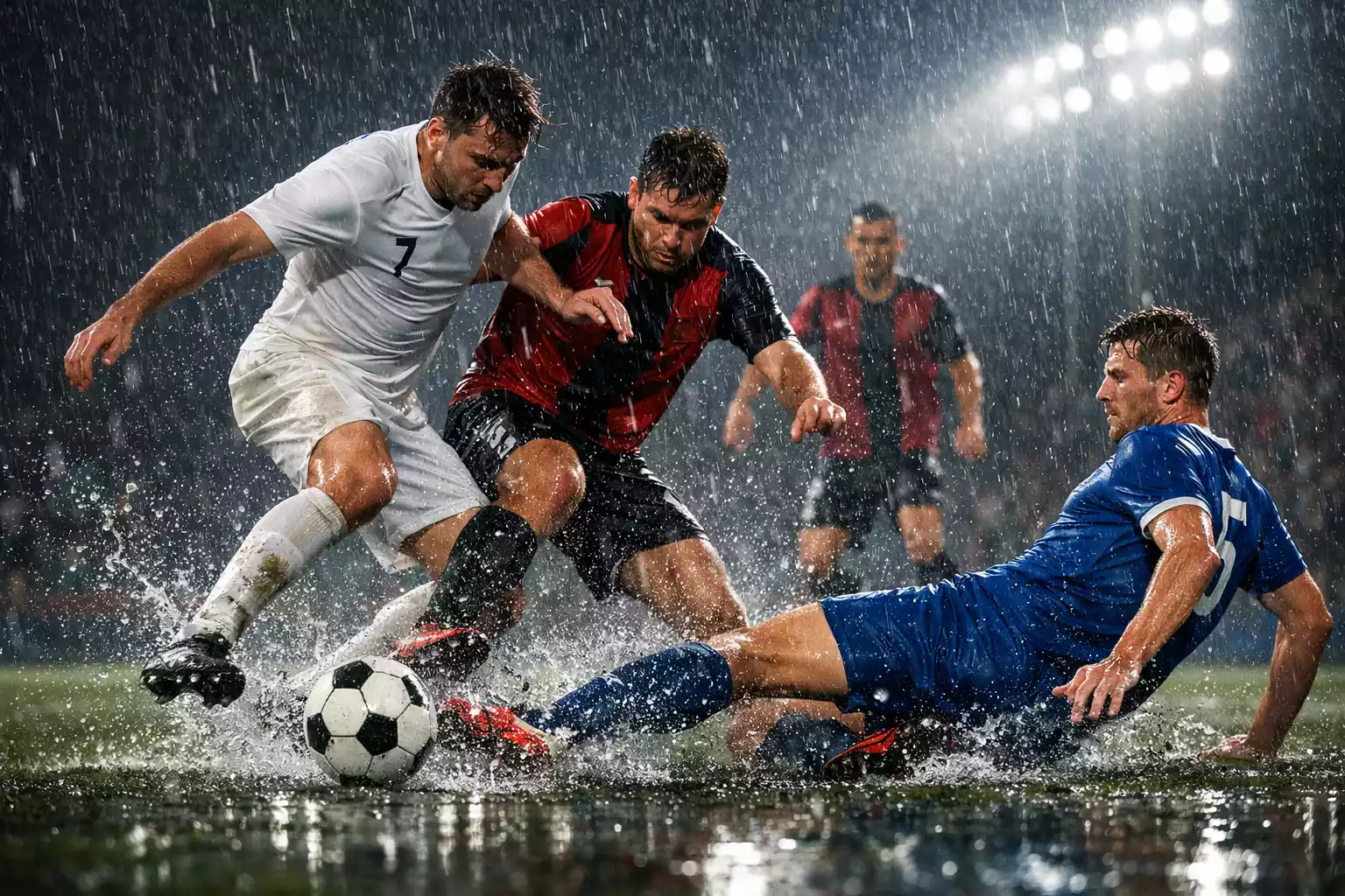 Football match being played under heavy rain with players competing on a wet pitch