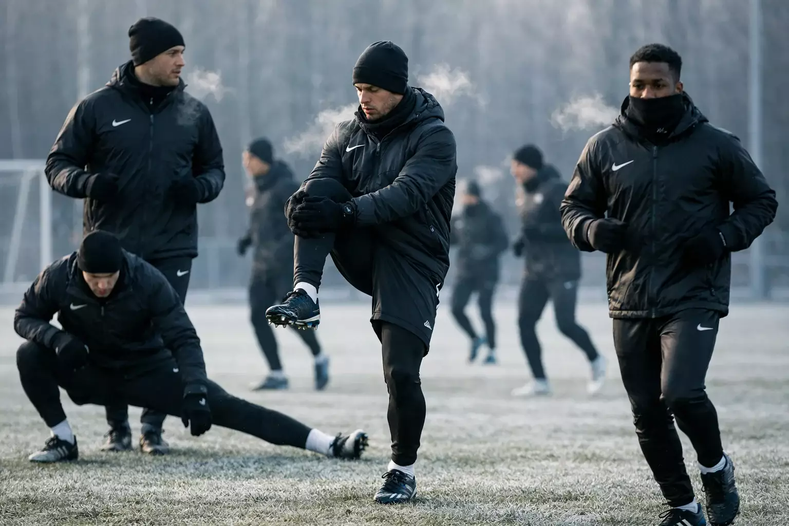 Football team training session on a cold morning with visible breath in the air, players in training gear