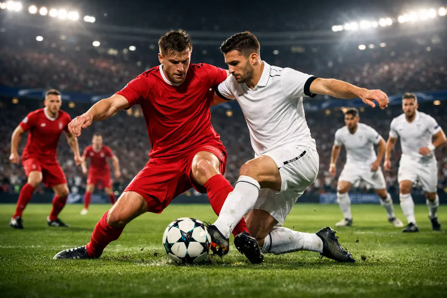 Two football teams competing for the ball in a Champions League match under stadium floodlights