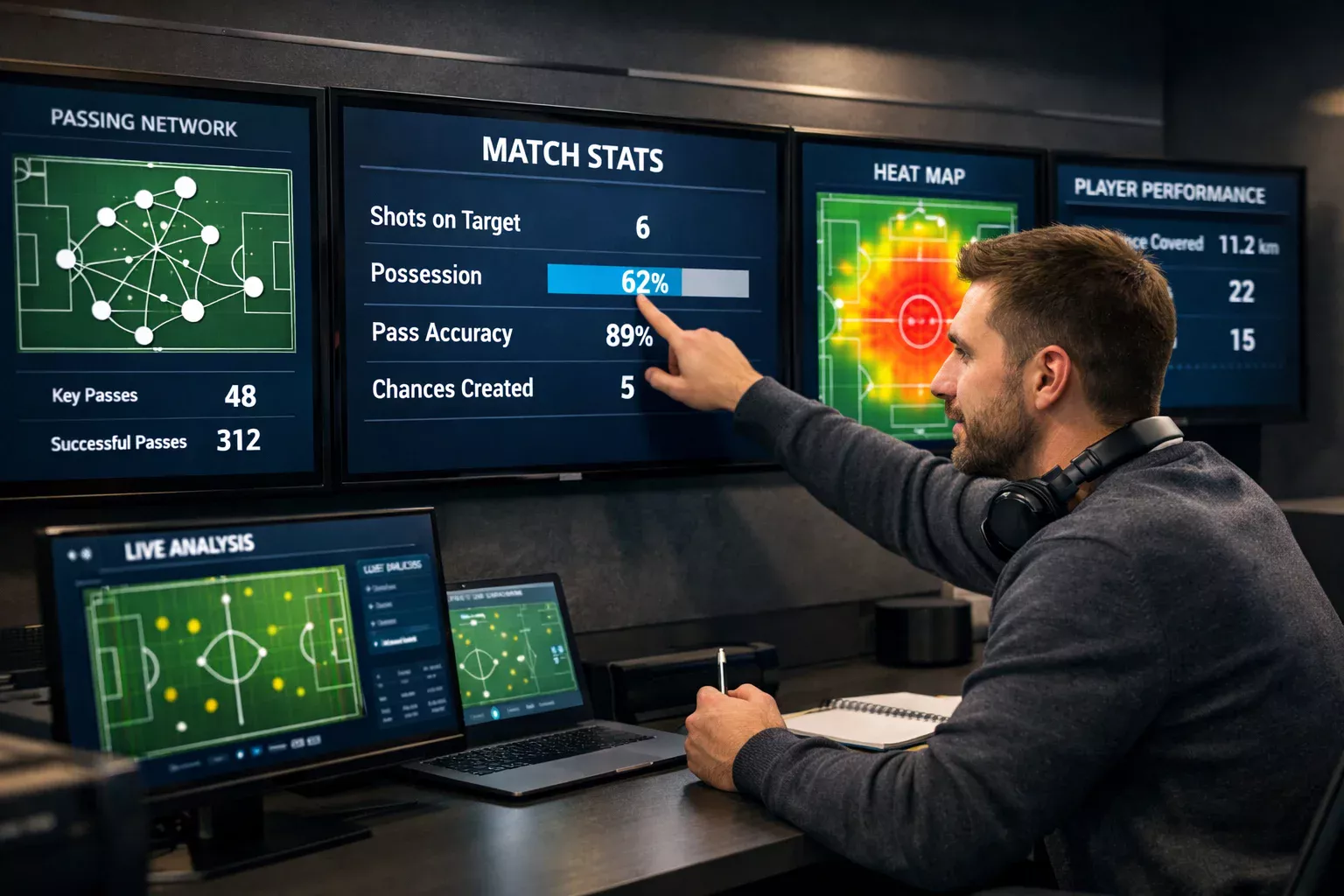 Football data analyst reviewing match performance metrics on multiple screens in a modern analysis room