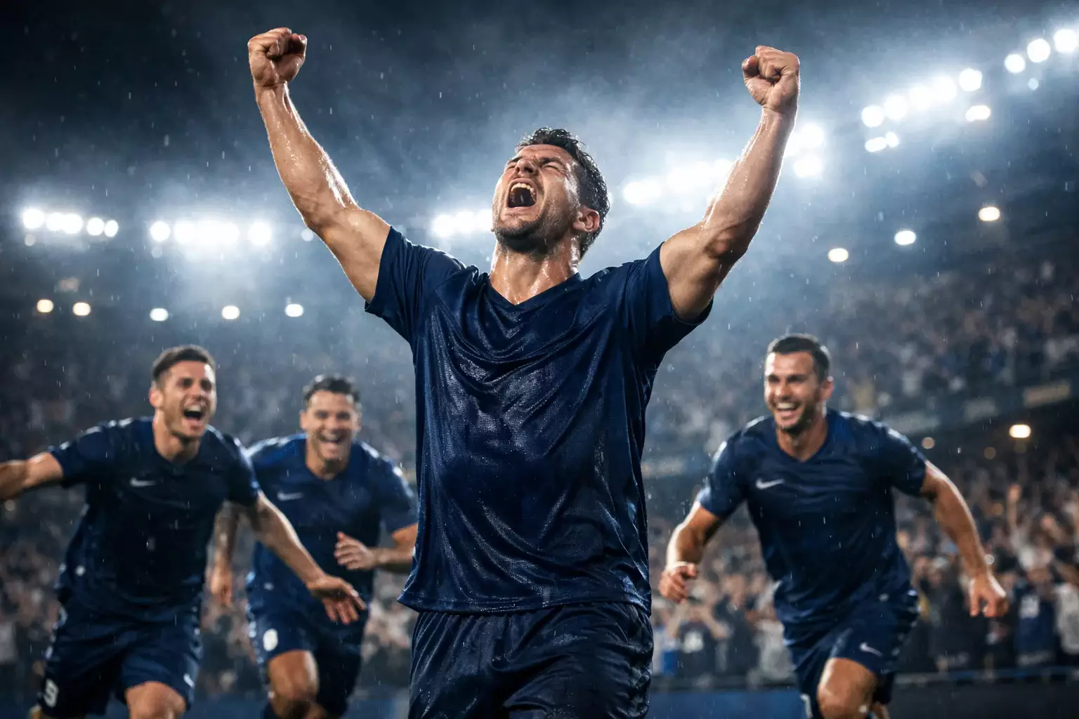 Football striker celebrating a goal with arms raised, teammates running to congratulate him, night match atmosphere