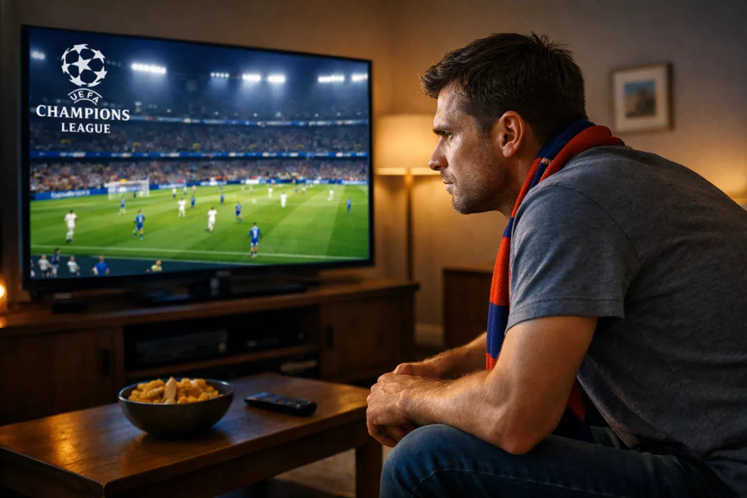 Football fan watching a Champions League match intently on a large screen, engaged and focused