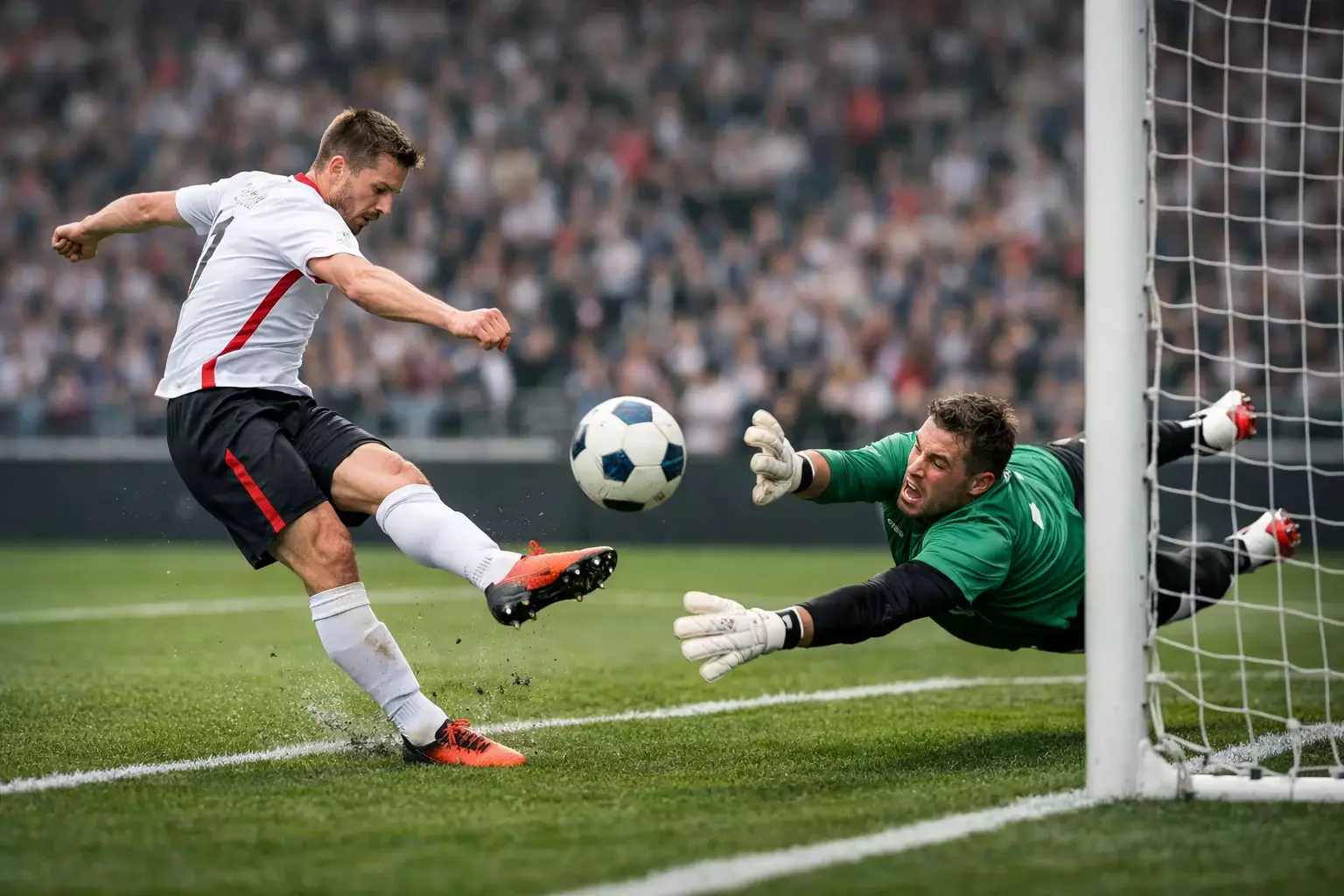 Football action shot showing a striker attempting to score, dynamic attacking play in a stadium setting