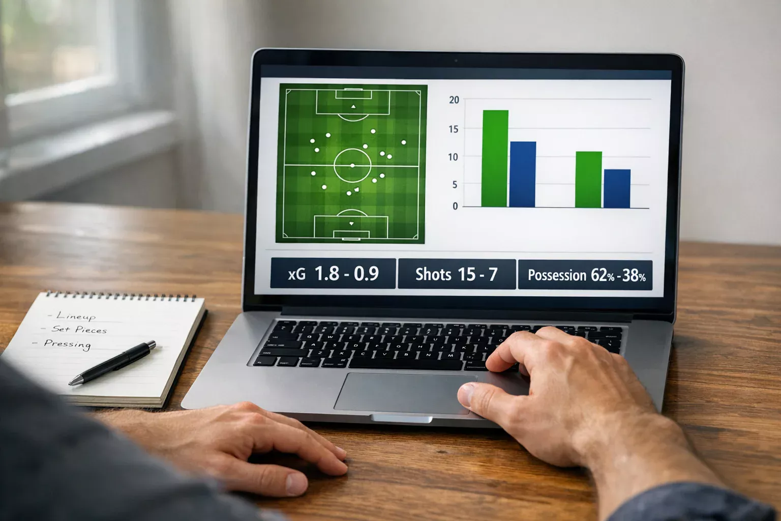 Person reviewing football statistics and data on a laptop screen, analytical research setting