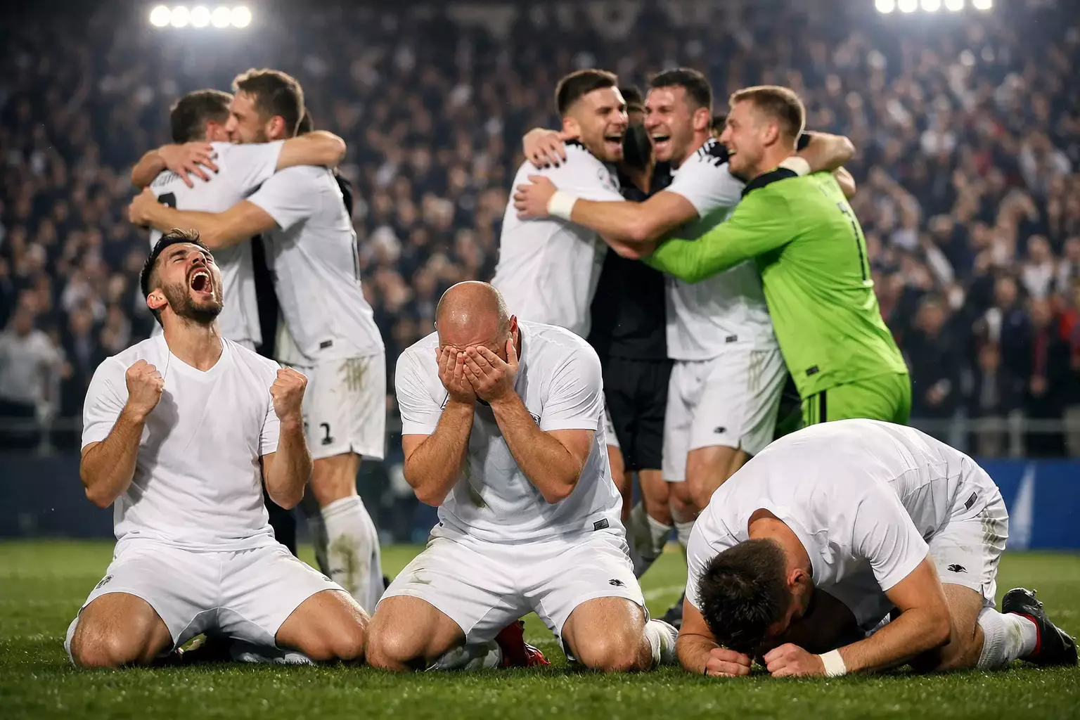 Football team celebrating qualification, players embracing after advancing through a knockout tie