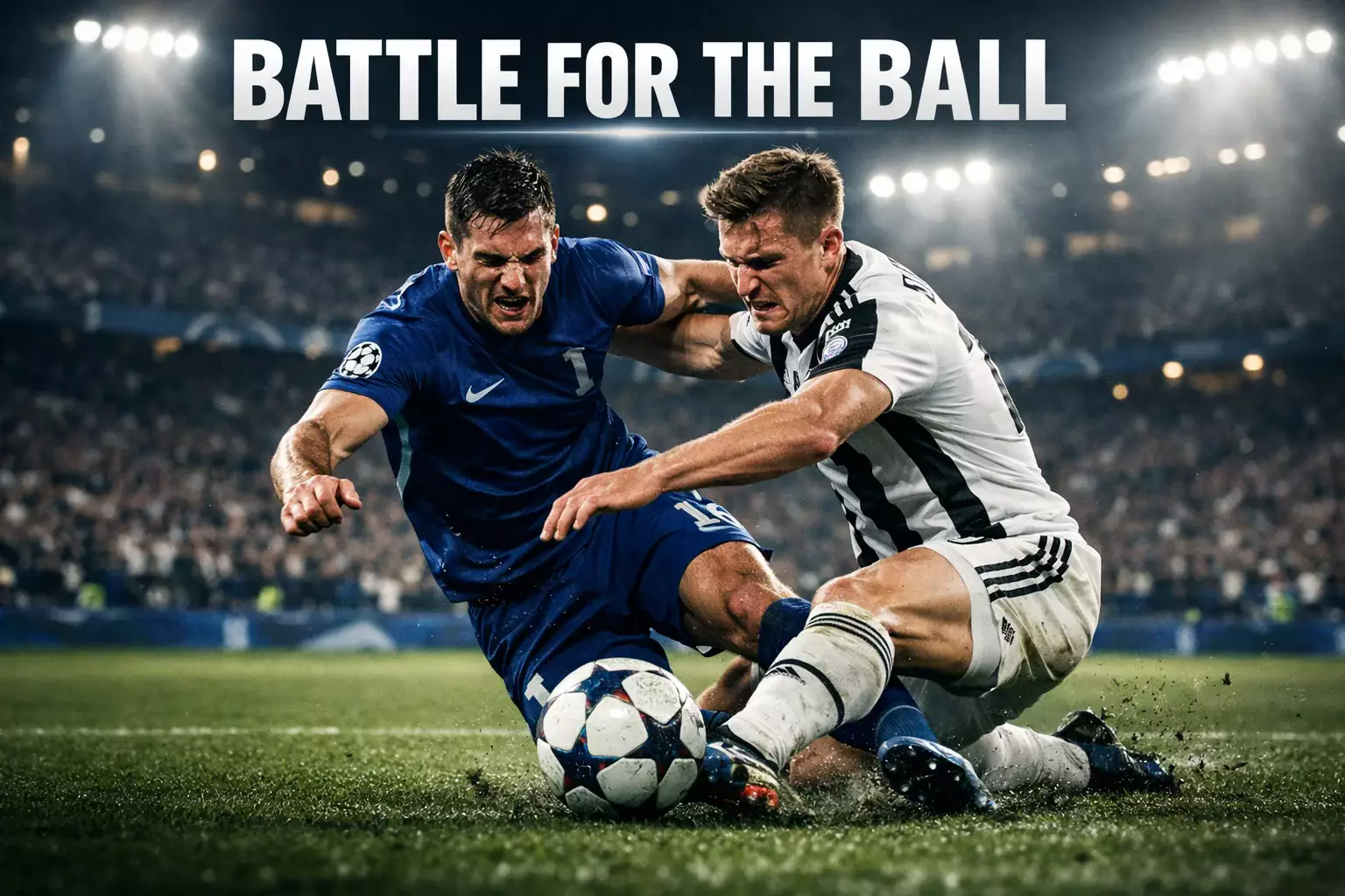 Intense moment during a Champions League knockout match with players competing for the ball under floodlights